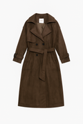 Classic Brown Suede Trench Coat – Double-Breasted Belted Design