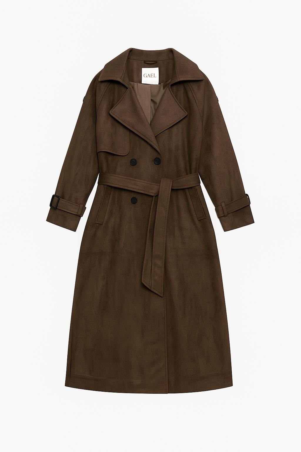 Classic Brown Suede Trench Coat – Double-Breasted Belted Design