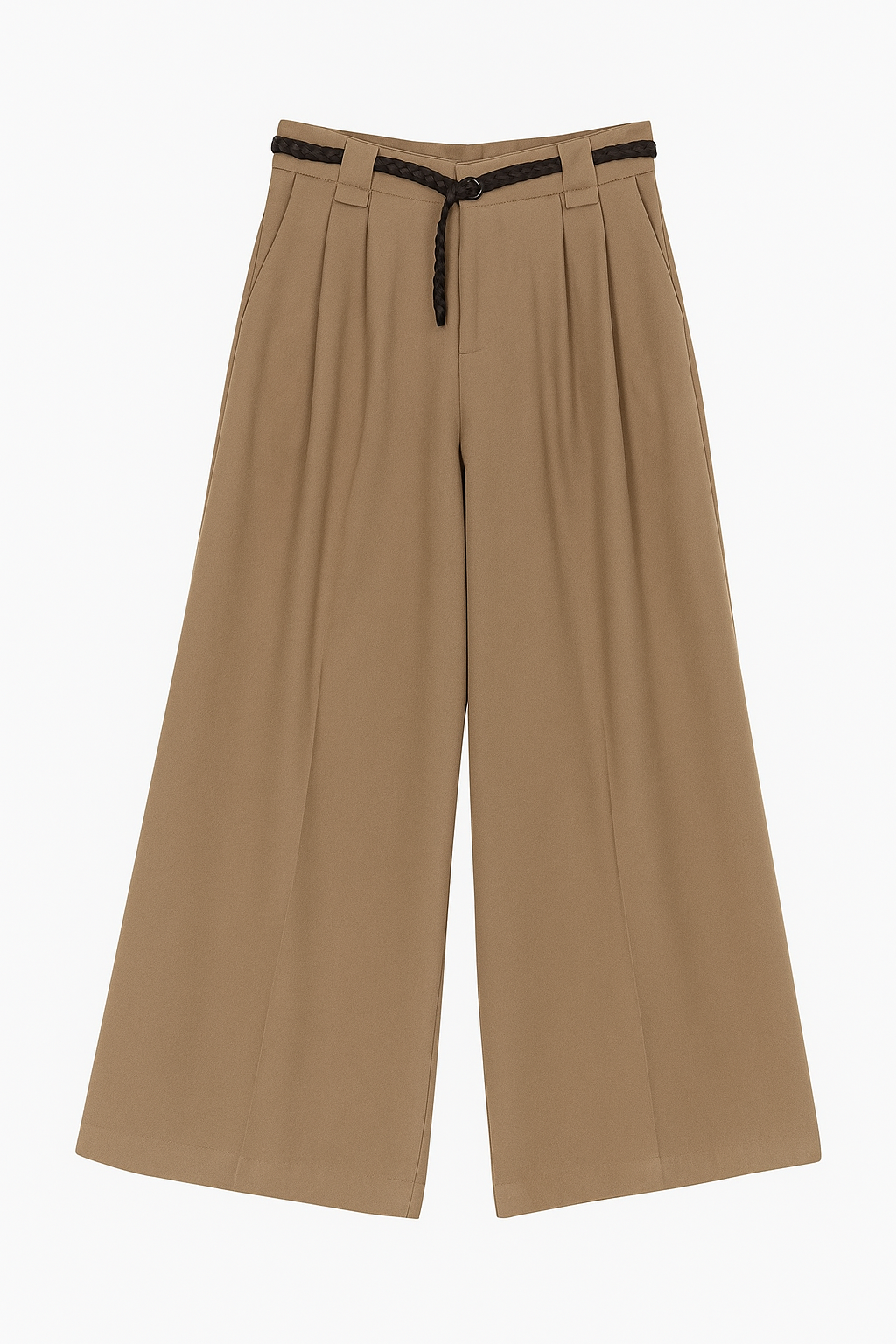 Camel High-Waist Pleated Trousers