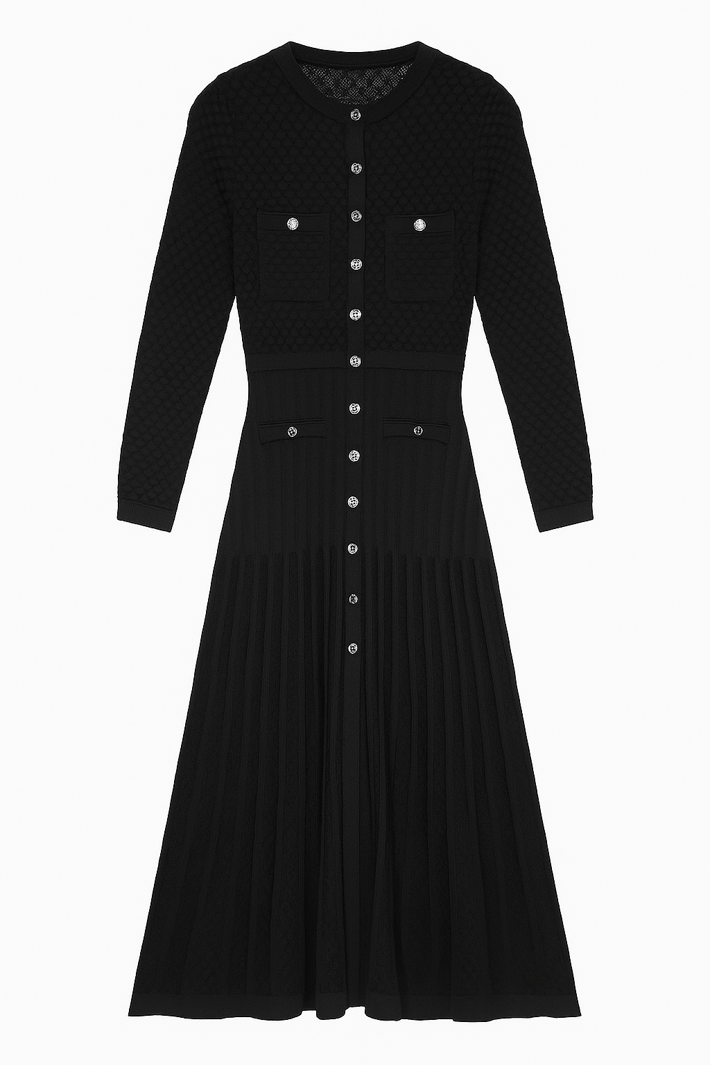 Black Textured Knit Button-Down Dress