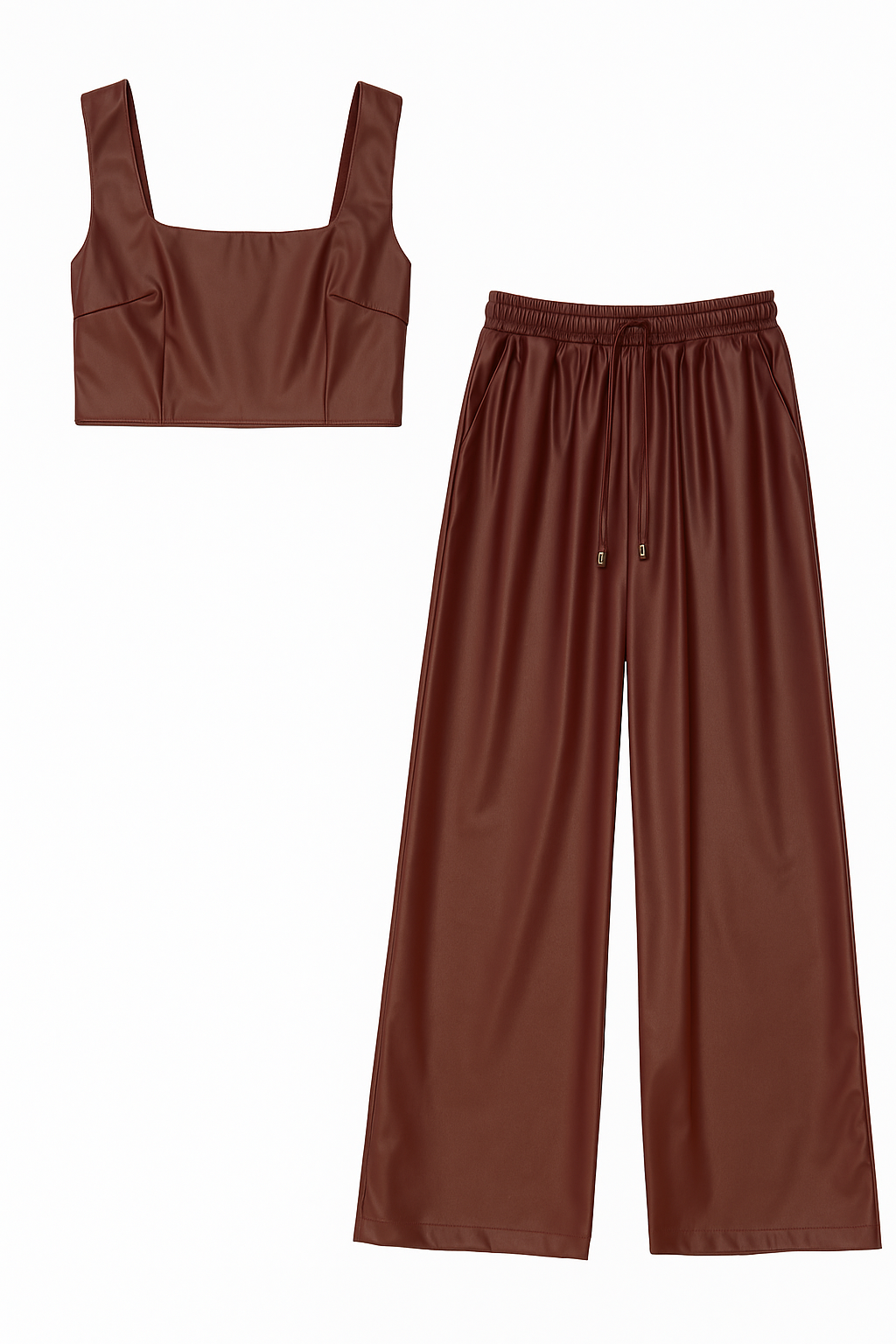 Burgundy Faux Leather Two-Piece Set – Crop Top & Wide-Leg Pants