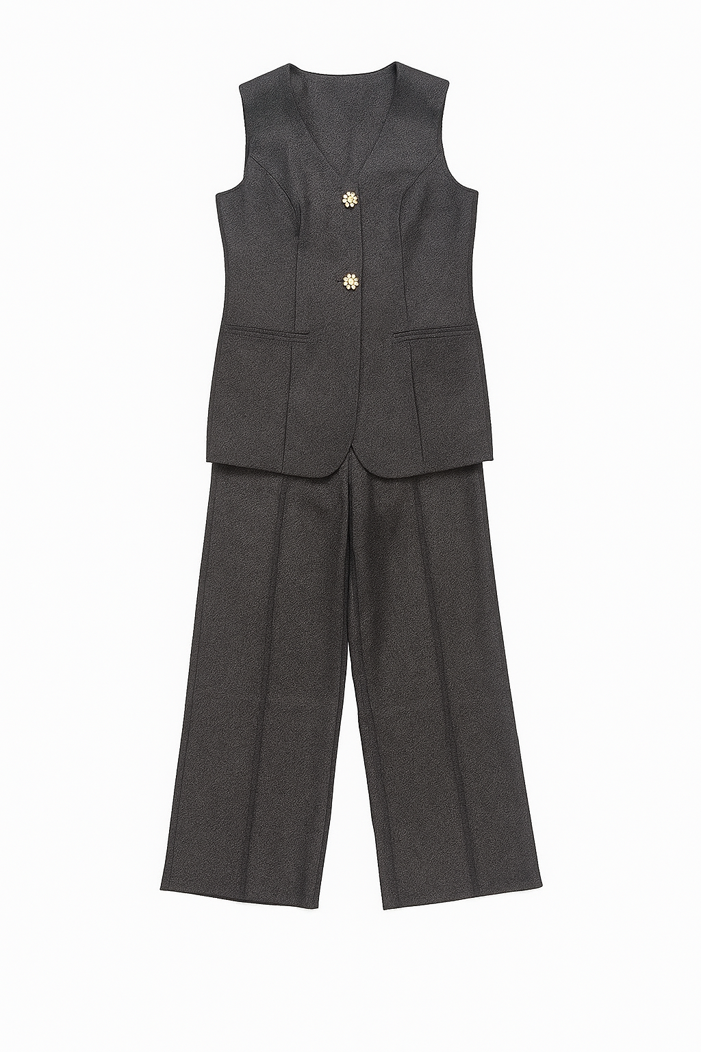 Blue Sleeveless Blazer and Wide-Leg Pants Set with Pearl Buttons