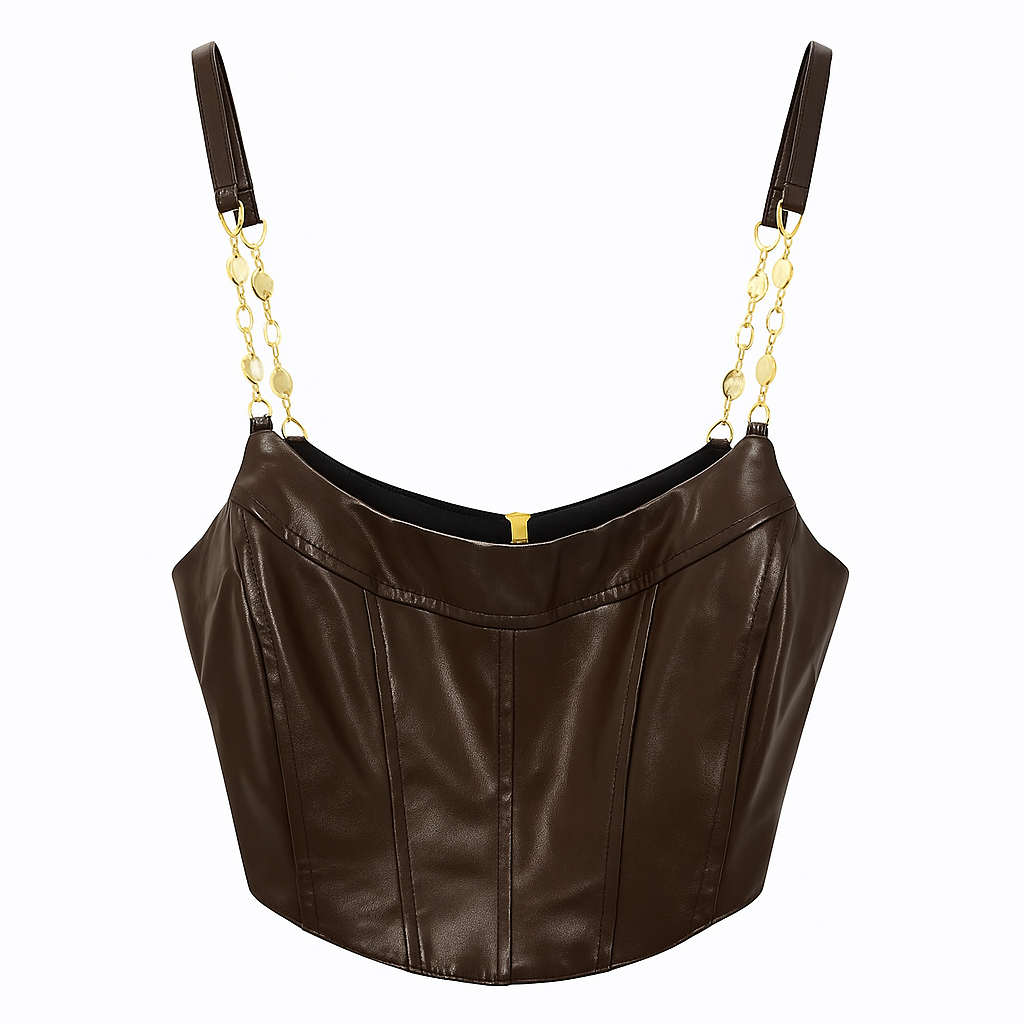 Brown Faux Leather Corset Top with Gold Chain Straps