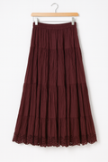 Boho Burgundy Crinkle Lace-Hem Maxi Skirt