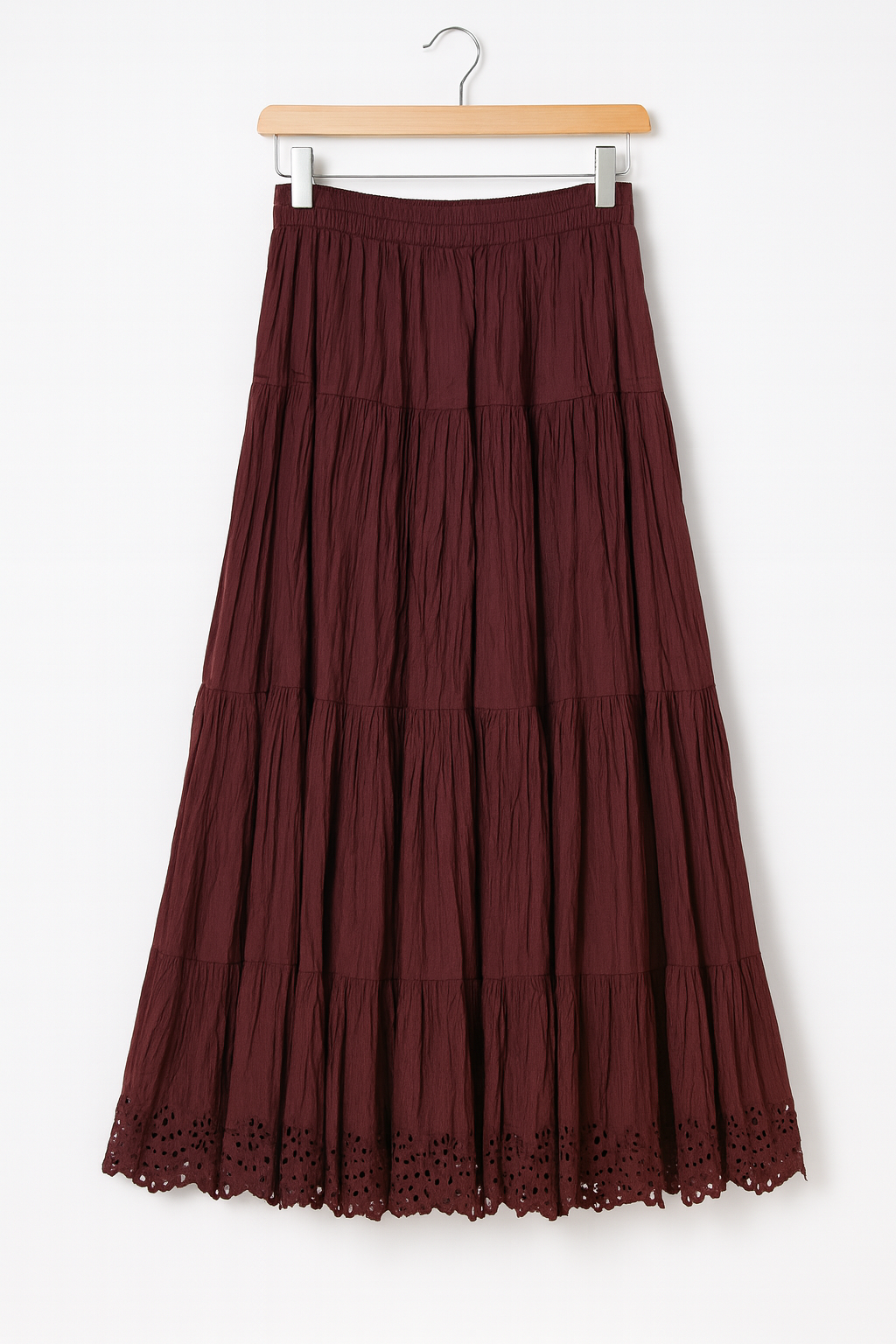 Boho Burgundy Crinkle Lace-Hem Maxi Skirt
