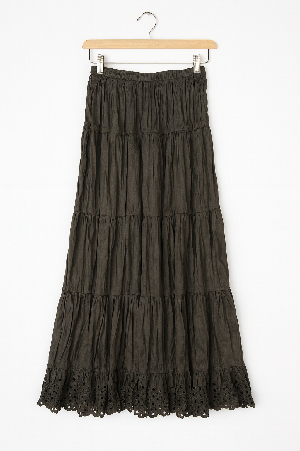 Olive Crinkle Maxi Skirt with Eyelet Hem