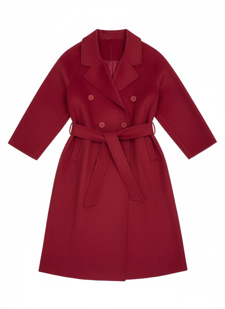 Elegant Double-Breasted Belted Coat – Wine Red