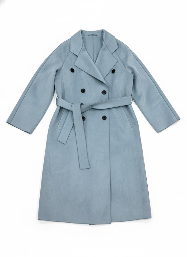 Elegant Double-Breasted Belted Coat – Light Blue