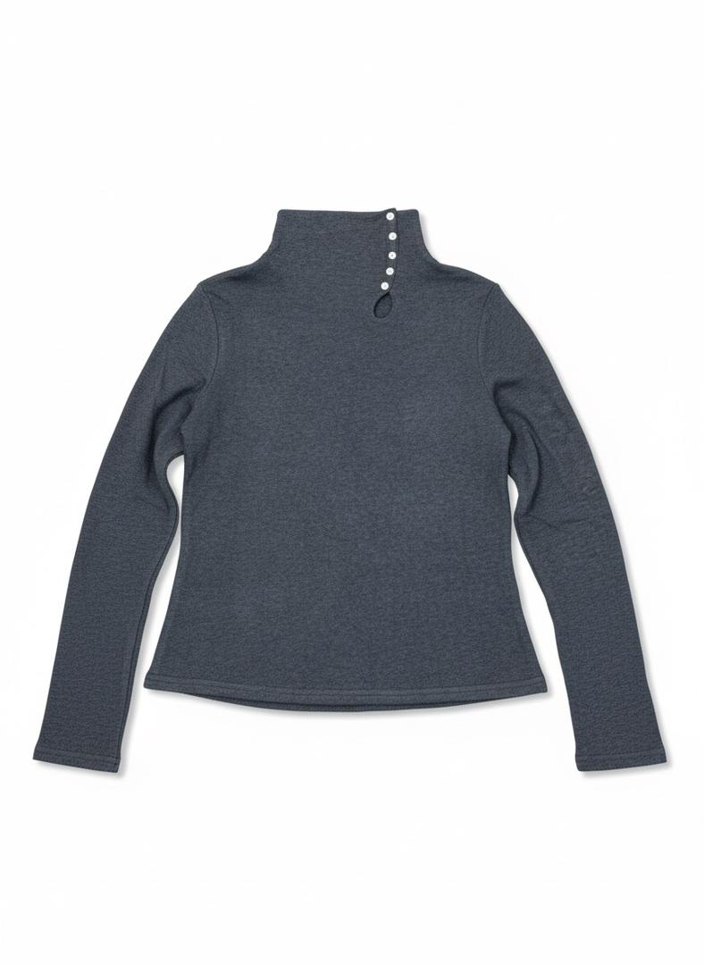 Charcoal High-Neck Button Detail Long Sleeve Top