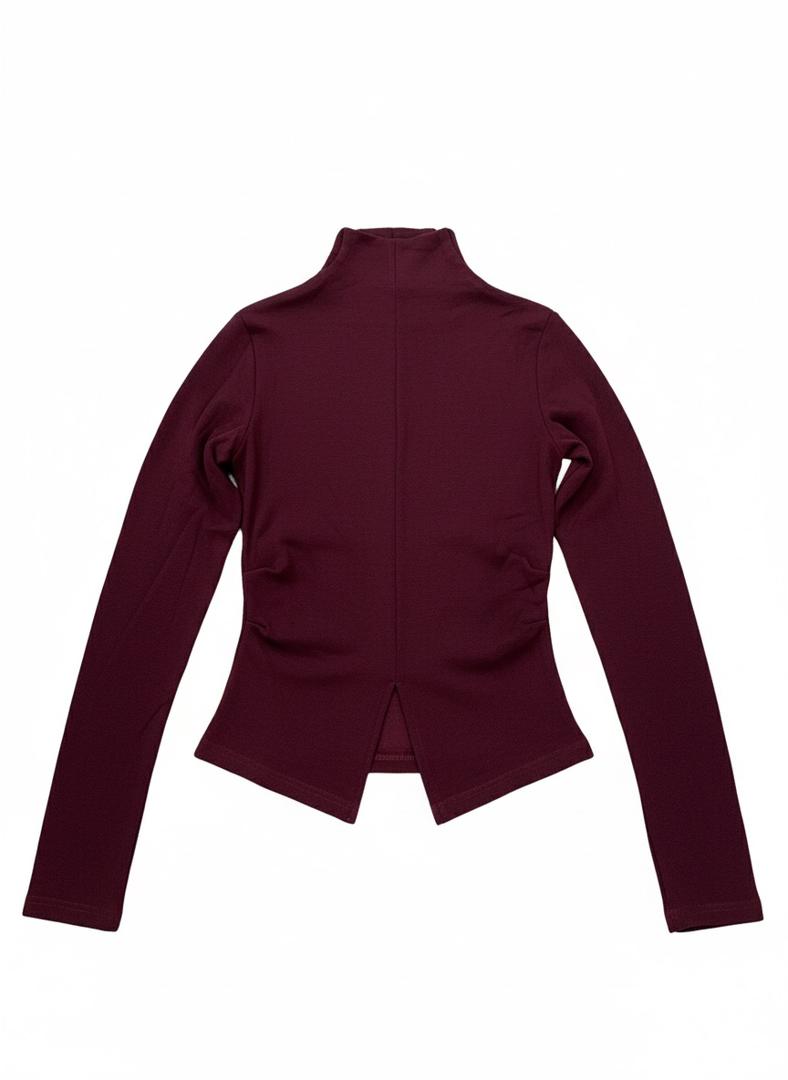 Burgundy Mock-Neck Long Sleeve Top with Front Slit