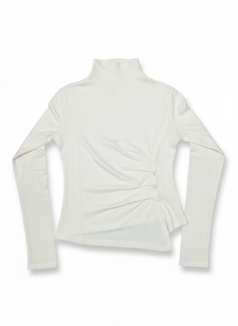 Ivory High-Neck Ruched Long Sleeve Top with Side Buttons