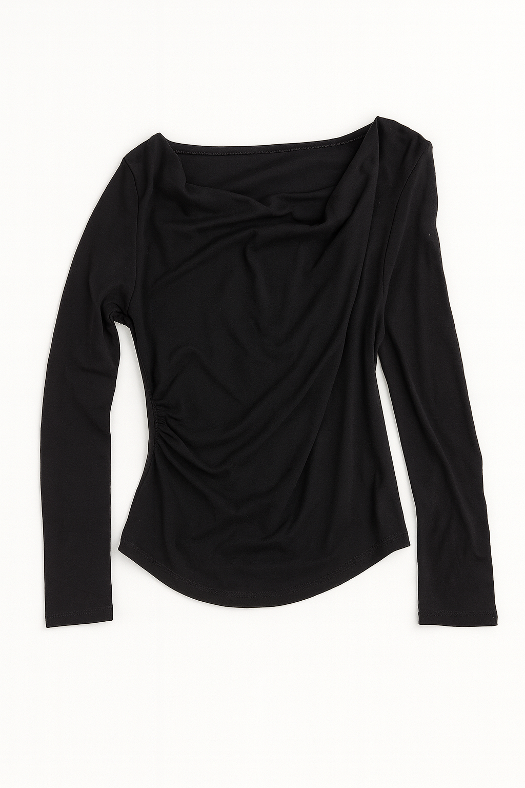 Black Asymmetrical Ruched Long-Sleeve Top