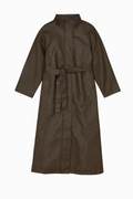 Long Brown Leather Trench Coat with Belt