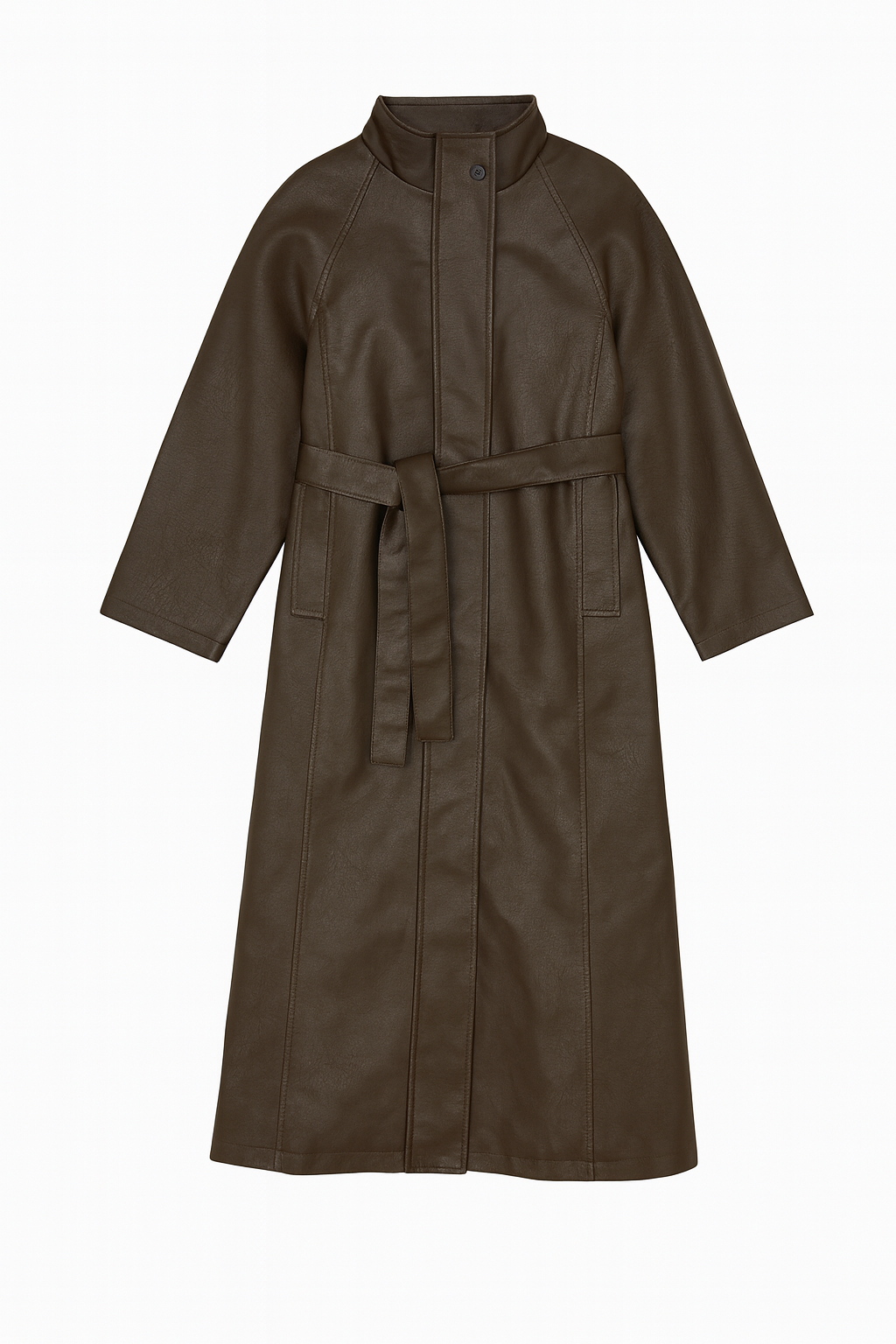 Long Brown Leather Trench Coat with Belt