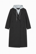 Charcoal Double-Breasted Coat with Layered Grey Hoodie Insert