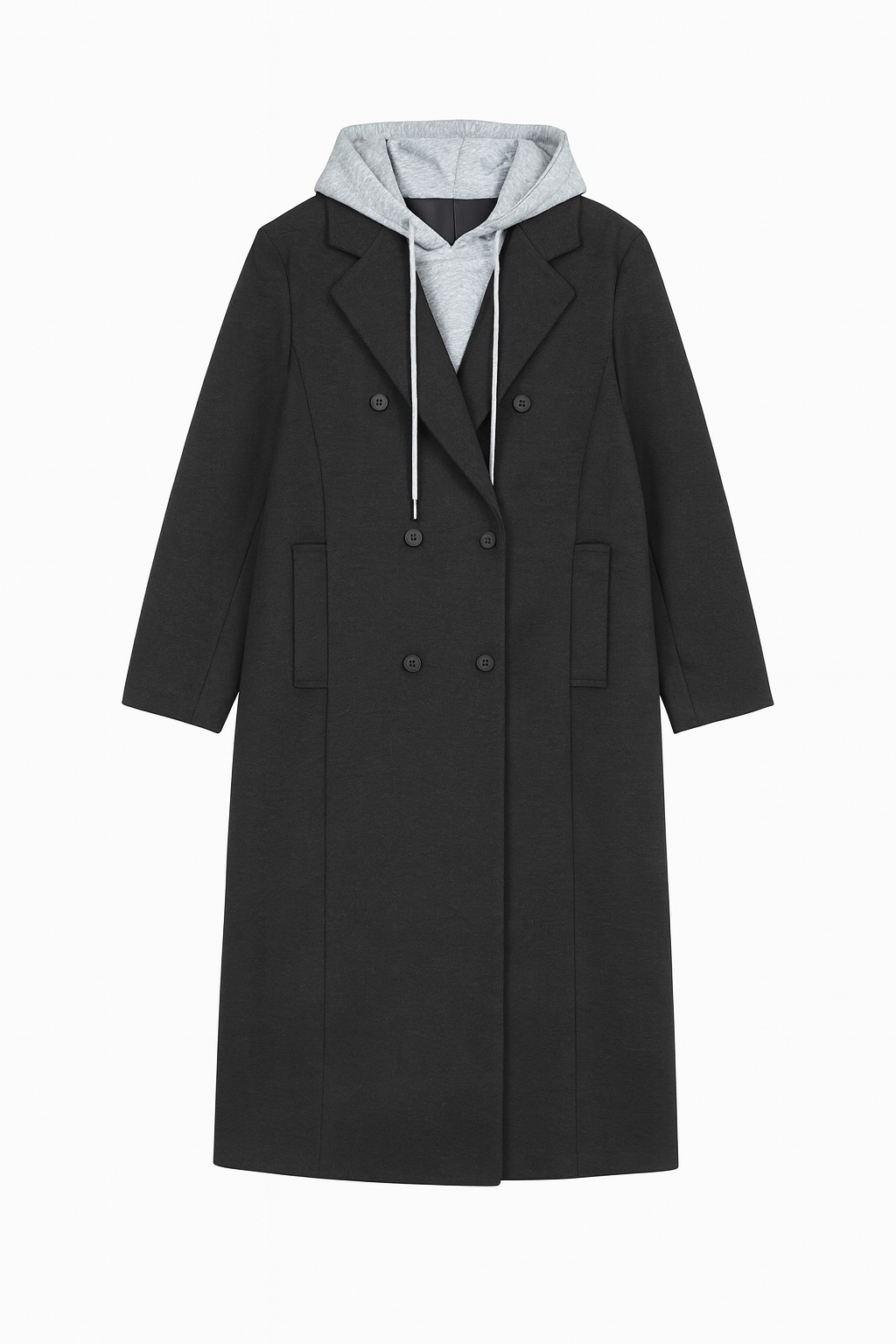 Charcoal Double-Breasted Coat with Layered Grey Hoodie Insert