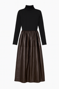 Purple Mock-Neck Dress with Faux Leather Skirt Panel