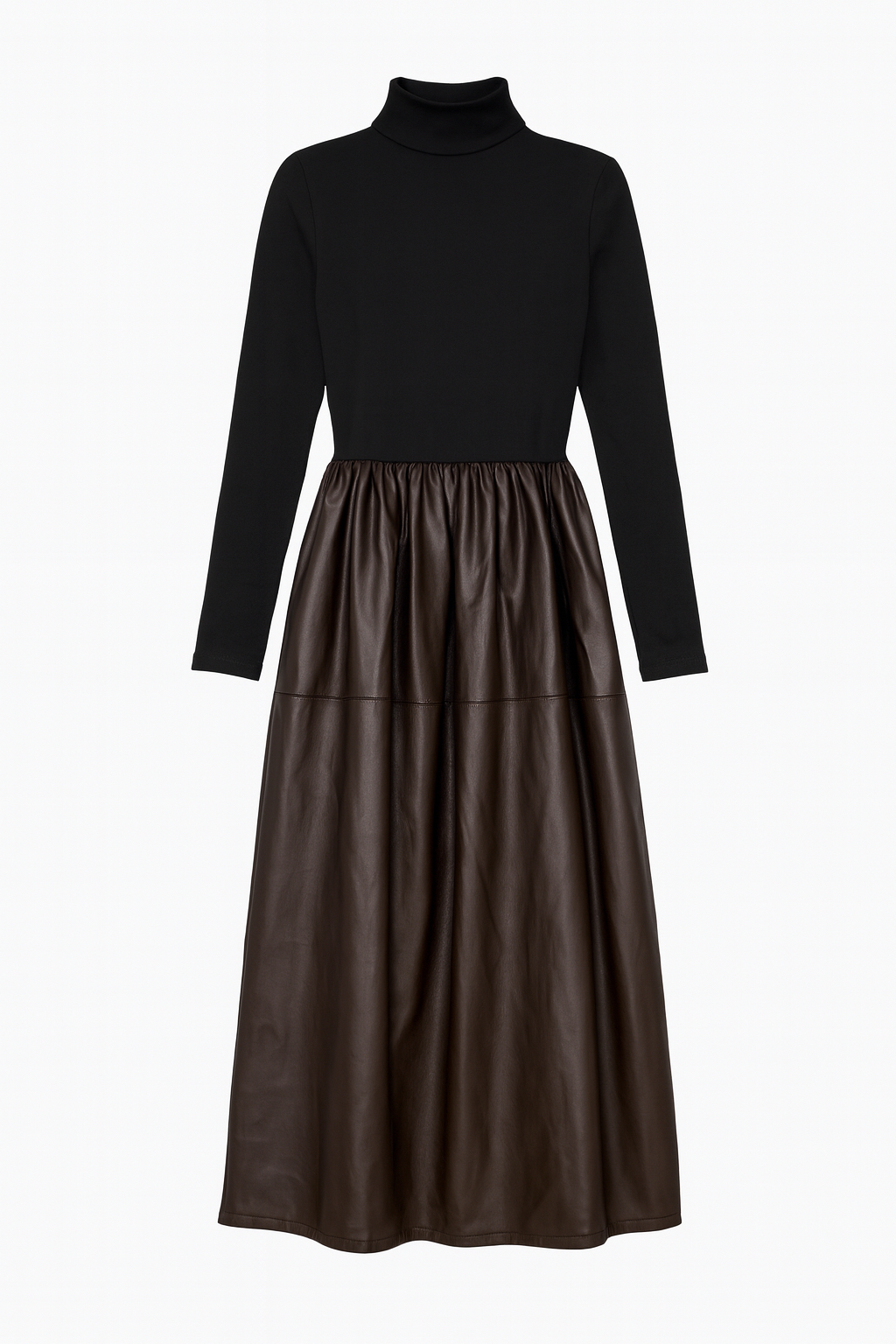 Purple Mock-Neck Dress with Faux Leather Skirt Panel