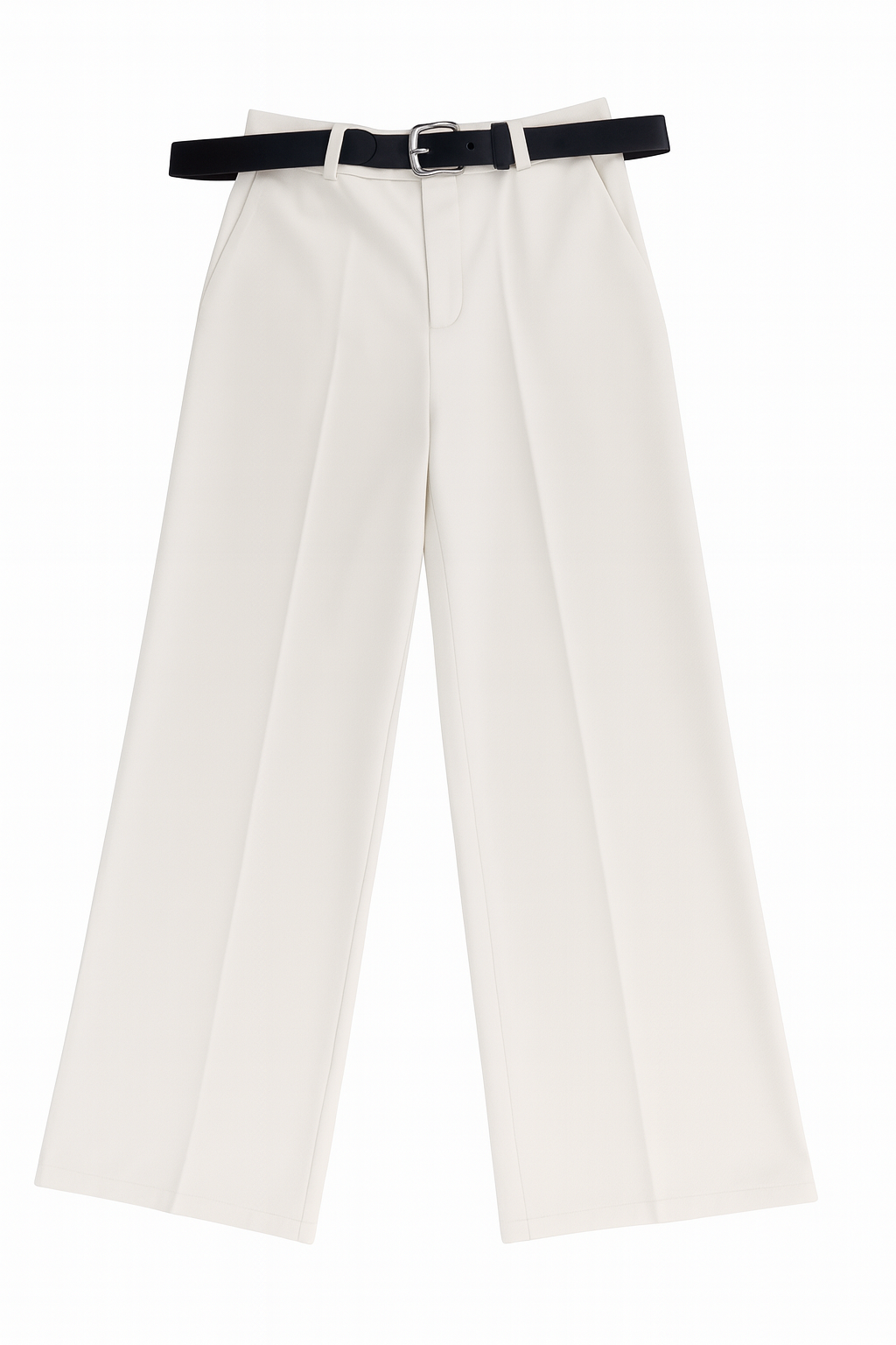 White Wide-Leg Trousers with Black Belt