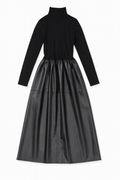 Black Mock-Neck Dress with Faux Leather Skirt Panel