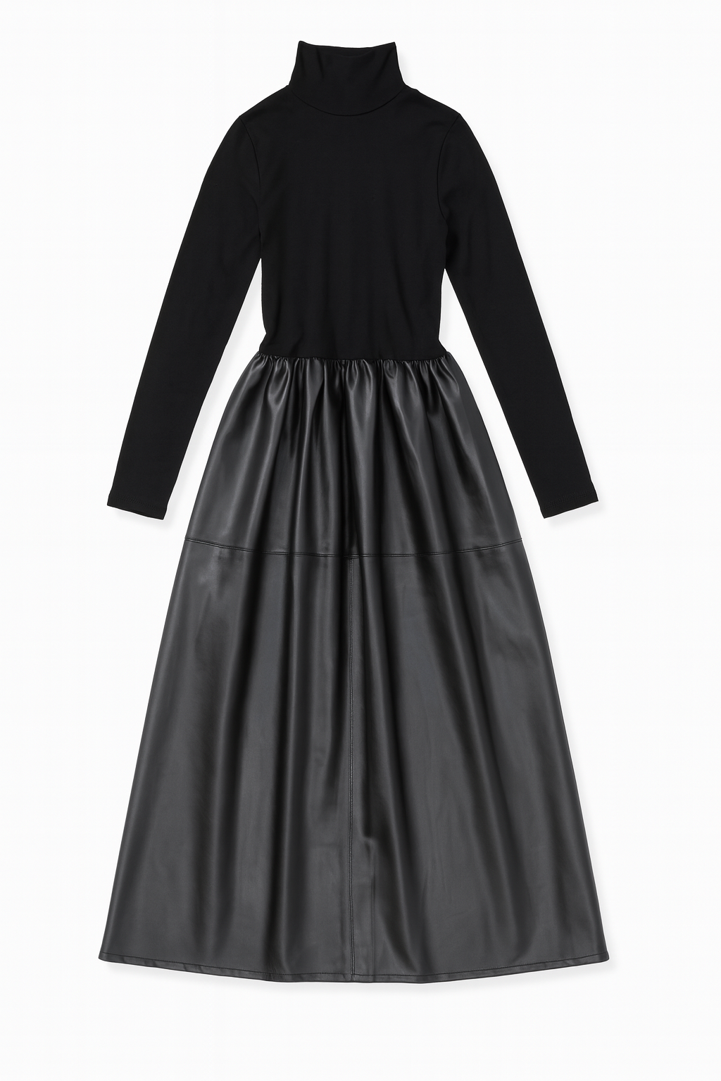 Black Mock-Neck Dress with Faux Leather Skirt Panel