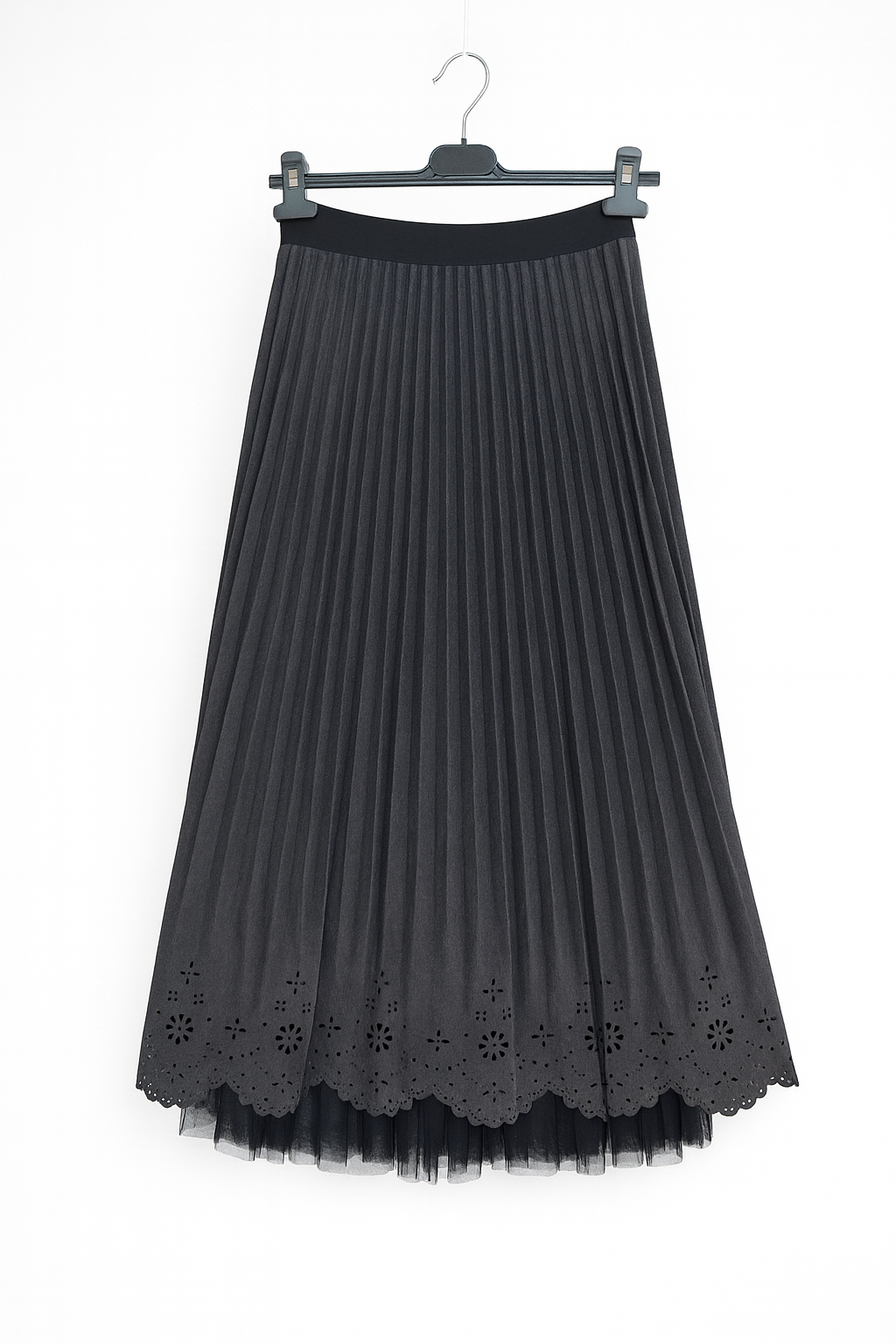 Charcoal Pleated Midi Skirt with Cutout Hem