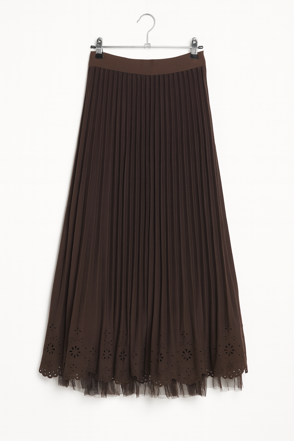 Brown Pleated Midi Skirt with Cutout Hem