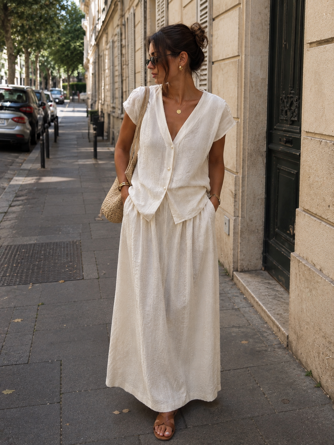 Pearl button textured ivory skirt set