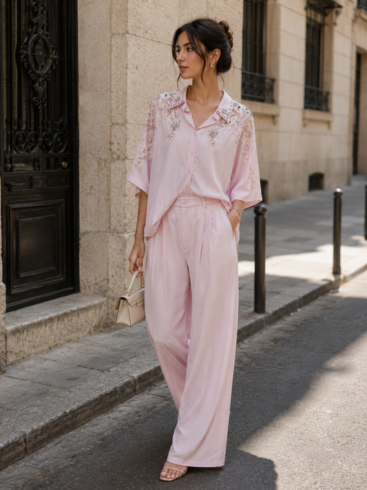 Blush pink lace embellished shirt& wide-leg pants set