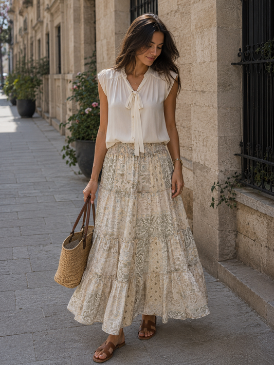 Ivory Bohemian Printed Tiered Maxi Skirt