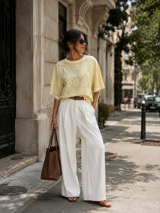 Pastel Yellow Floral Lace Short-Sleeve Top