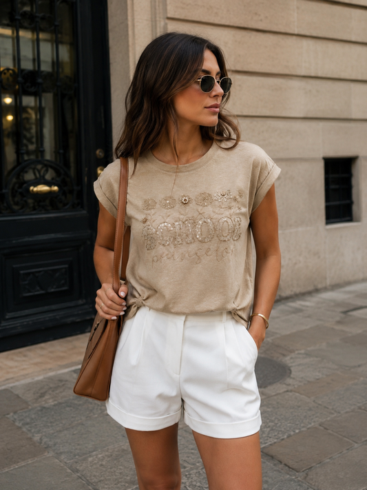 Beige embellished t-shirt
