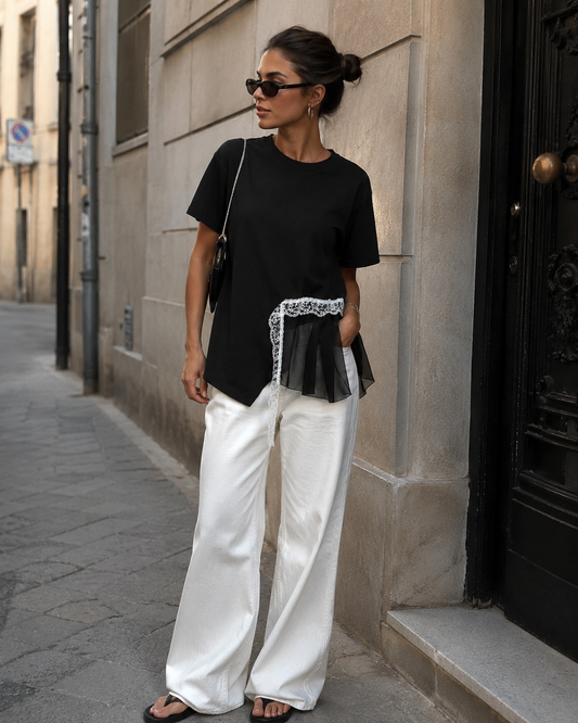 Black asymmetric lace-trim t-shirt