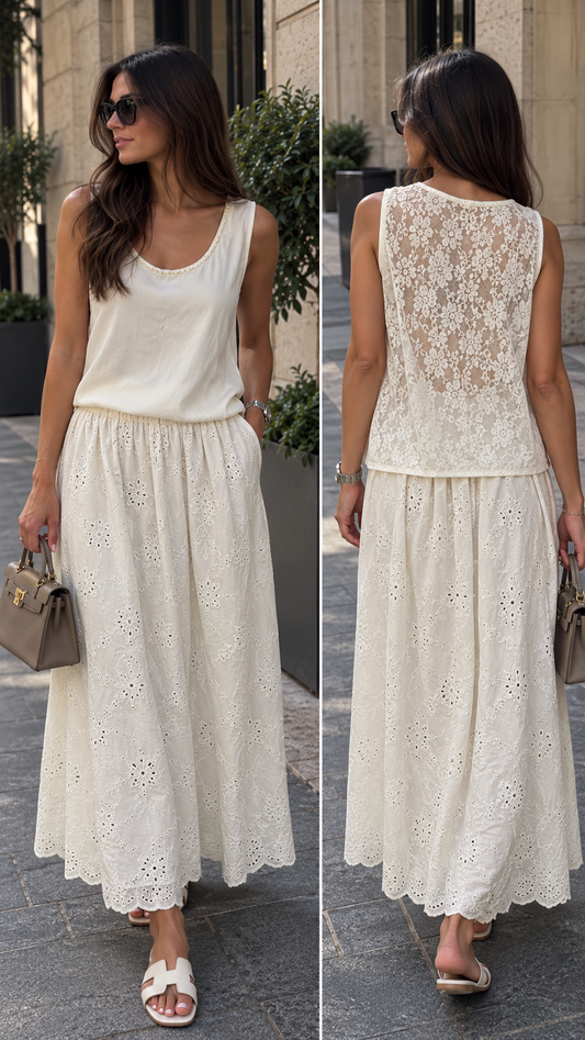 Pearl trim sleeveless blouse-ivory