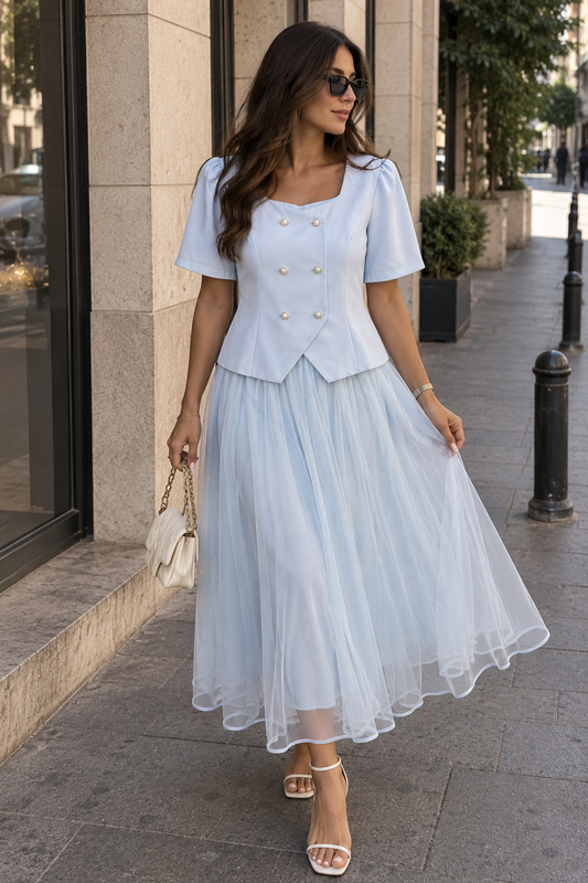 Women pastel blue tulle skirt& puff-sleeve top set