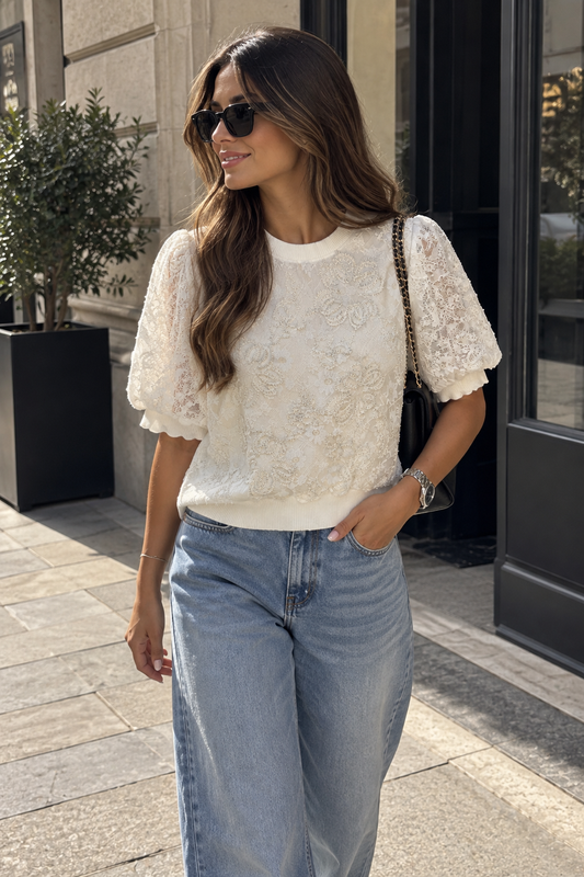 Women’s Ivory Floral Lace Puff-Sleeve Top