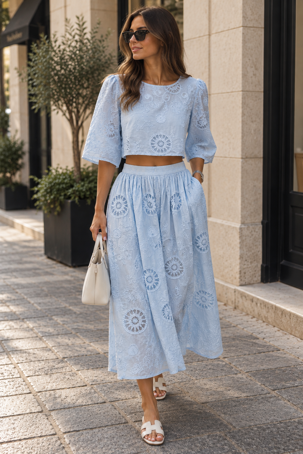 Women pastel blue embroidered two-piece skirt set