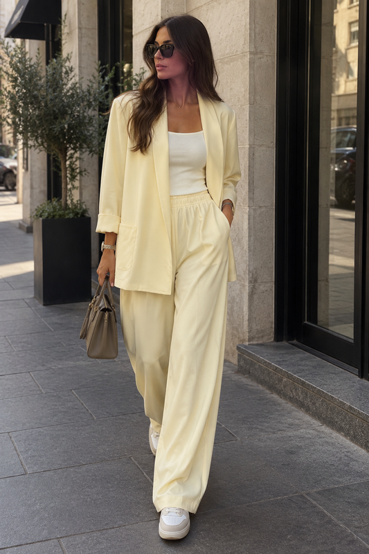 Soft yellow tailored blazer & wide-leg trousers set
