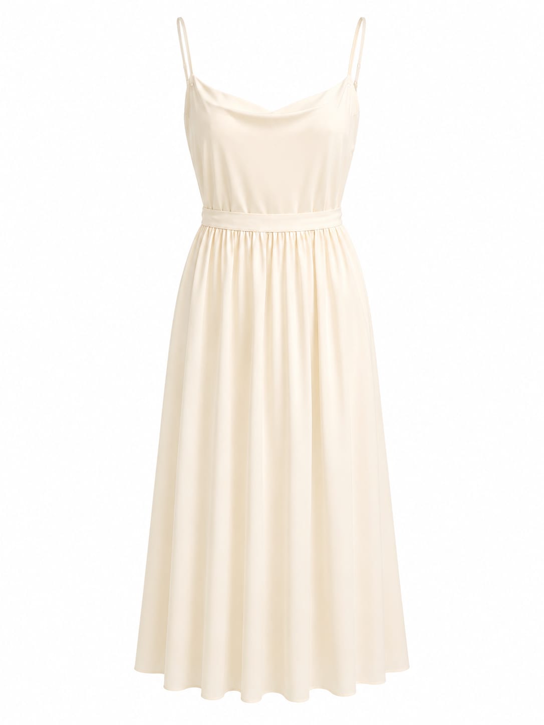 Women’s elegant ivory cowl neck maxi dress with waist tie