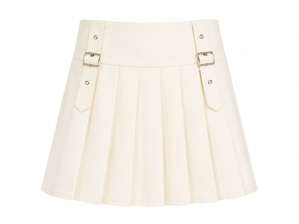 Women’s elegant ivory pleated mini skirt with buckle details