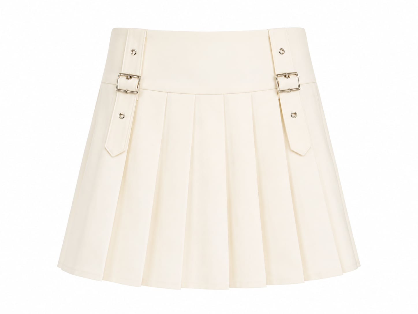 Women’s elegant ivory pleated mini skirt with buckle details