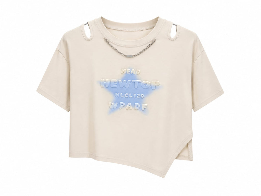 Women’s beige cut-out graphic crop t-shirt