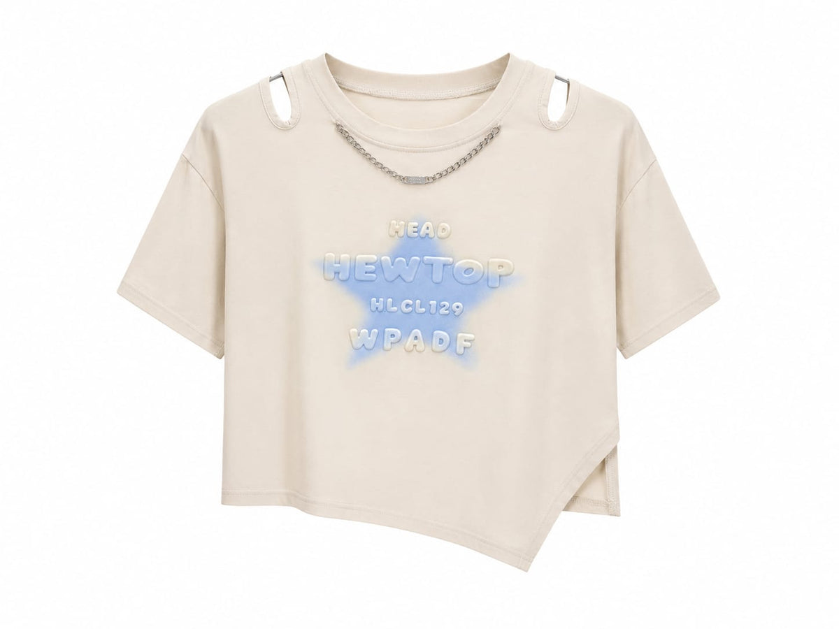 Women’s beige cut-out graphic crop t-shirt