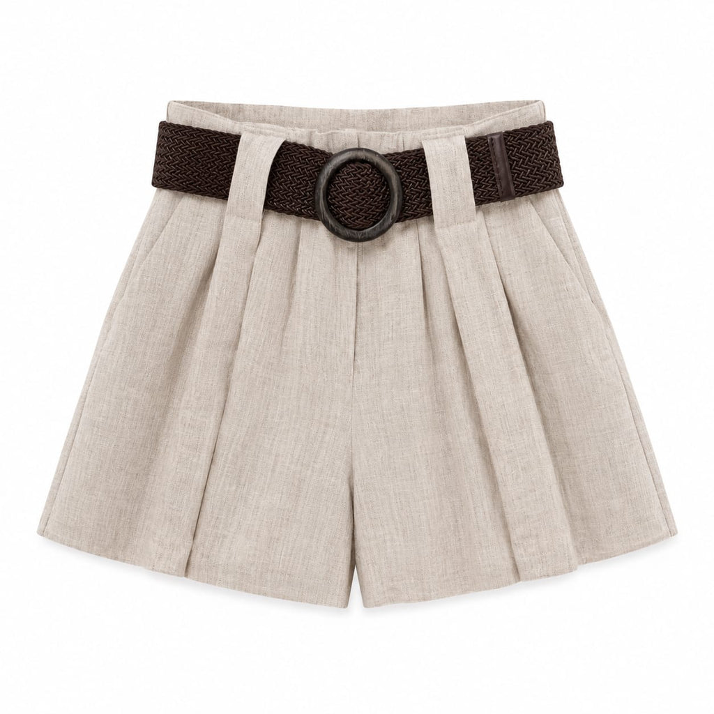 Beige linen Paperbag shorts with belt