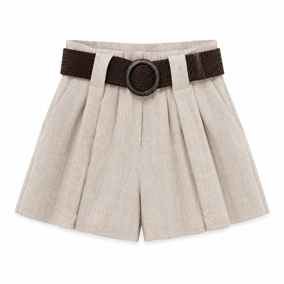 Beige linen Paperbag shorts with belt