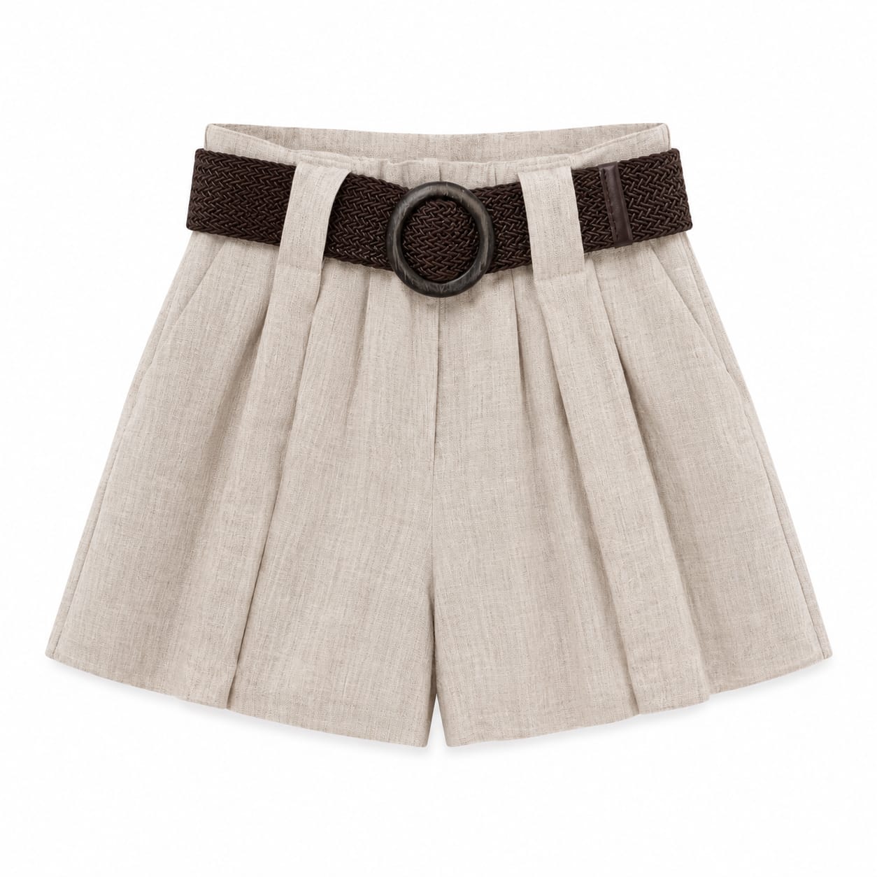 Beige linen Paperbag shorts with belt