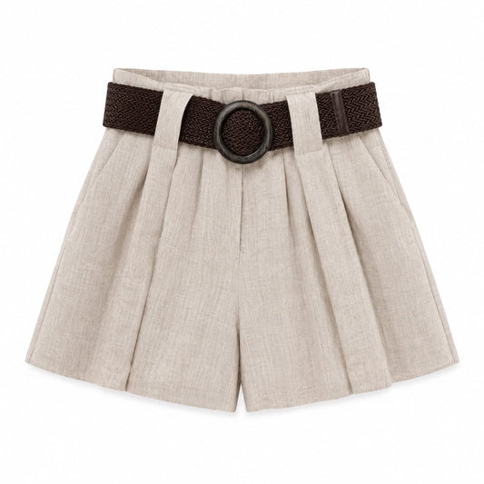 Beige linen Paperbag shorts with belt