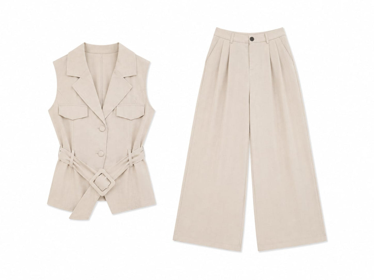 Women beige belted vest& wide-leg pants co-ord set