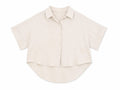 Women beige oversized short sleeve button-up shirt