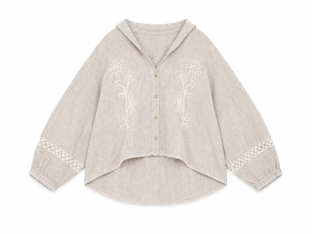 Women beige floral embroidered line blouse